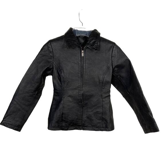 PHASE TWO Black 90s Leather Zip Up Collard Jacket Girl's 10-12 Vintage Classic - Picture 1 of 13